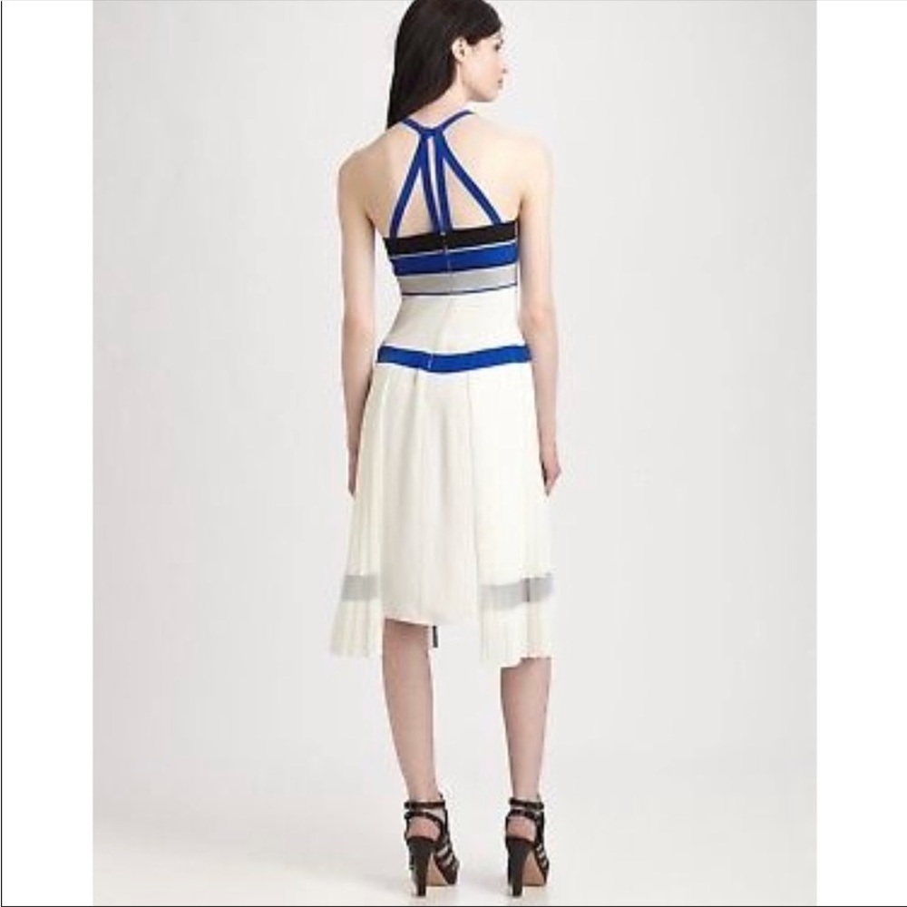 BCBG MaxAzria Runway Voletta dress blue/white/black pleated halter dress. Size M - Picture 3 of 8